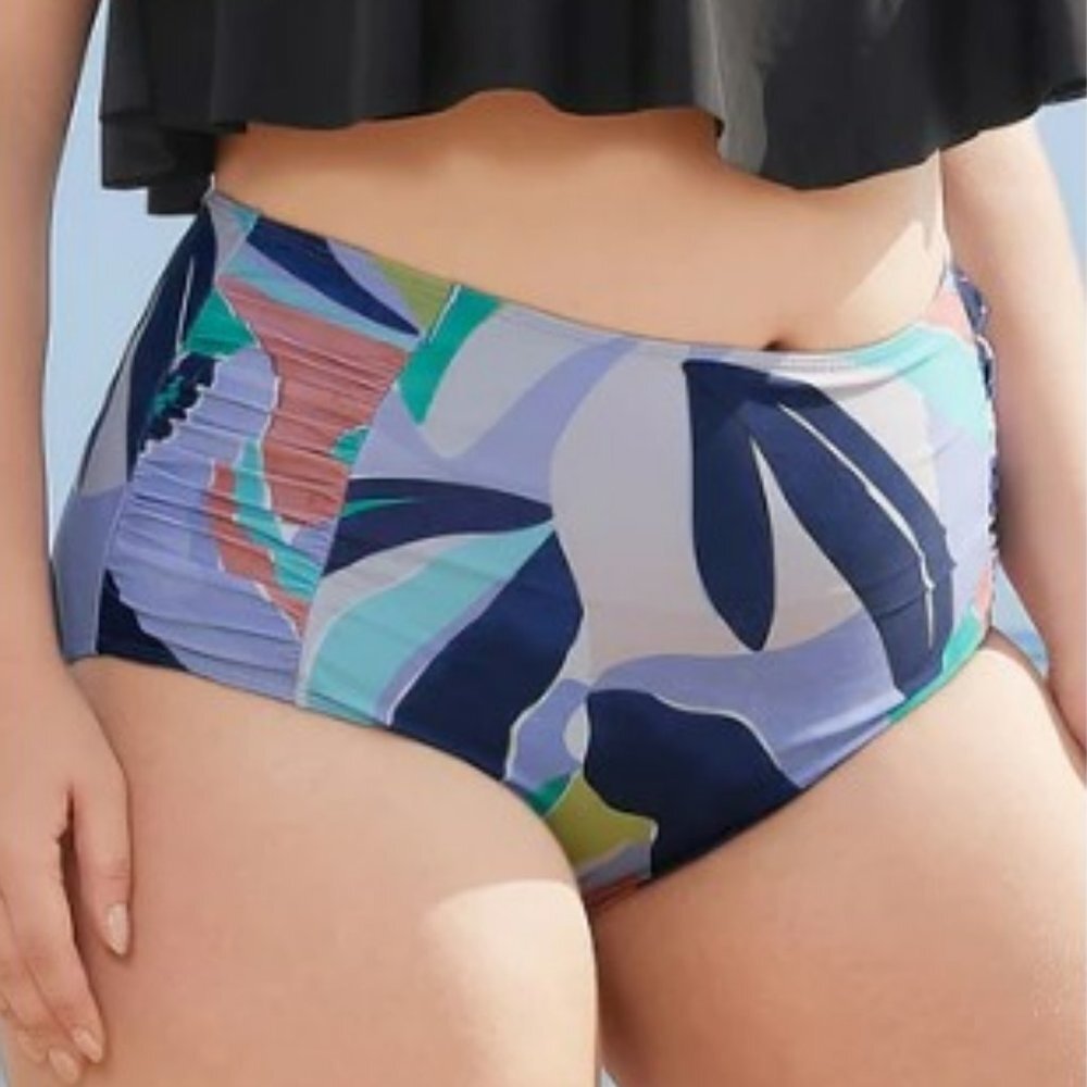 NWT, Sz 14-16, 1X, Tropical Plant Print Ruched Contrast Bikini Bottom - Picture 2 of 6